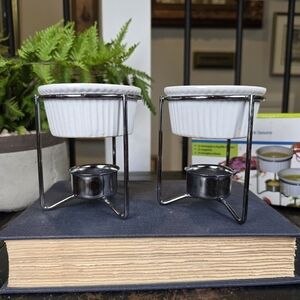 New Set of 2 Individual Butter Warmers | Seafood Sauce Ramekins & Stands NIB